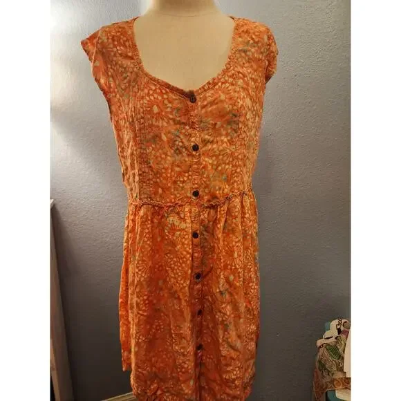 Bali Batiks Indonesia Hand Painted Resort Wear XL Orange Sun Dress Knee Length - Picture 1 of 7